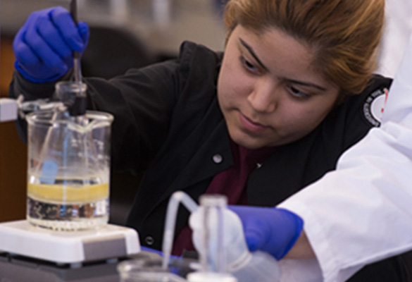 UIW student looking at beaker in class