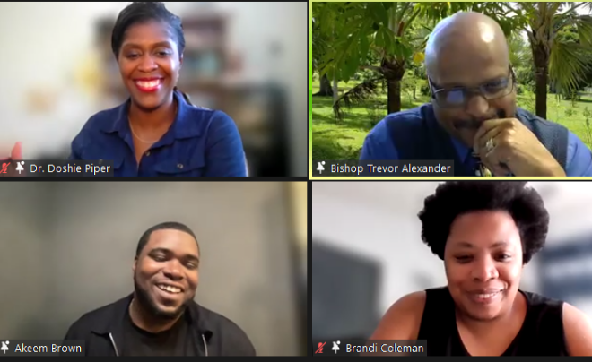 Dr. Doshie Piper (top left), Bishop Trevor Alexander (top right), Akeem Brown (bottom left) and Dr. Brandi Coleman (bottom right) in a Zoom panel