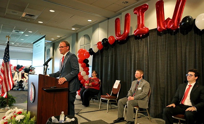 UIW president speaking to students