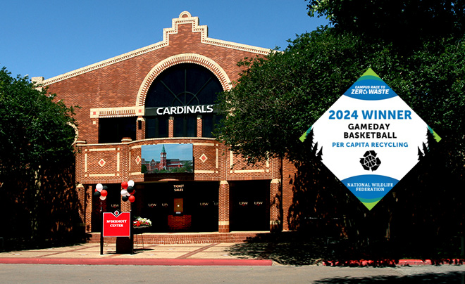 Convocation Center with Badge "Campus Race to Zero Waste 2024 Winner Gameday Basketball Per Capital Recycling