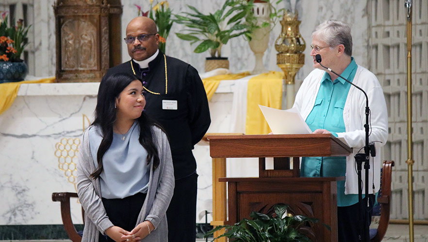 Kahli Villanueva, Bishop Trevor Alexander and Sr. Walter Maher, CCVI