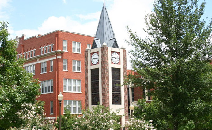 UIW clocktower and flowering trees